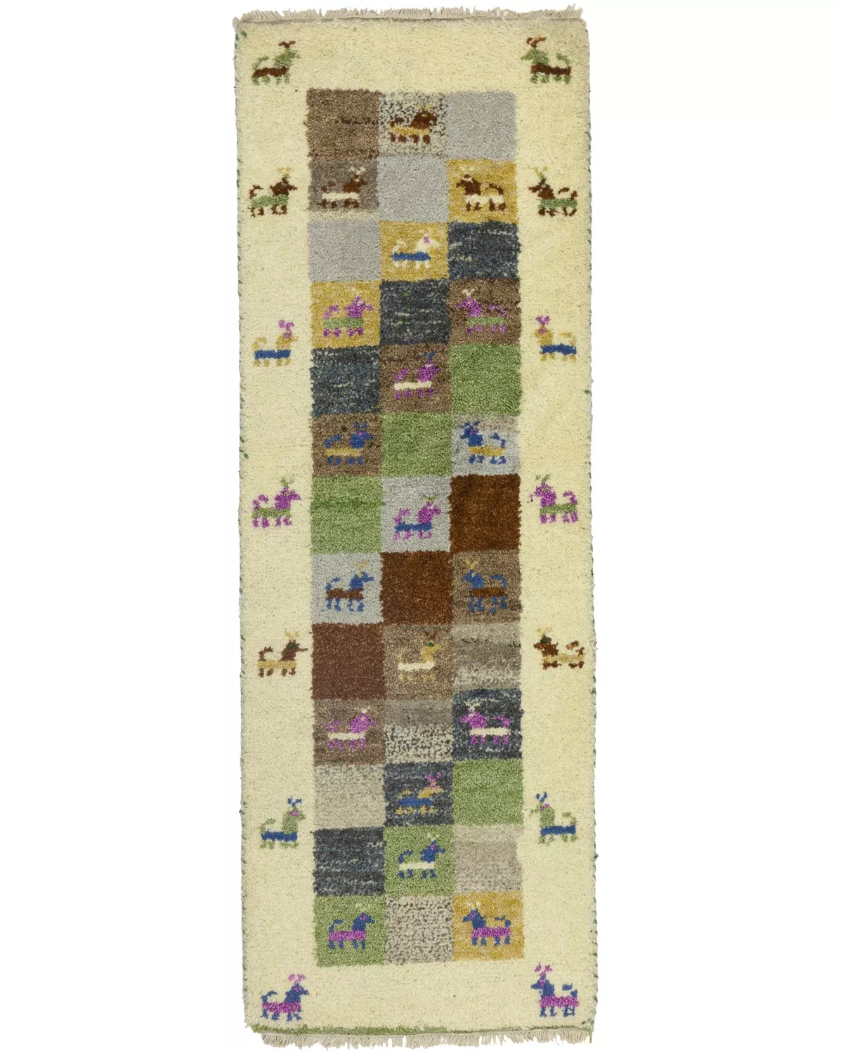 1'4 x 3'11 Hand Knotted Cream Indo-Gabbeh Checkered Wool Rug