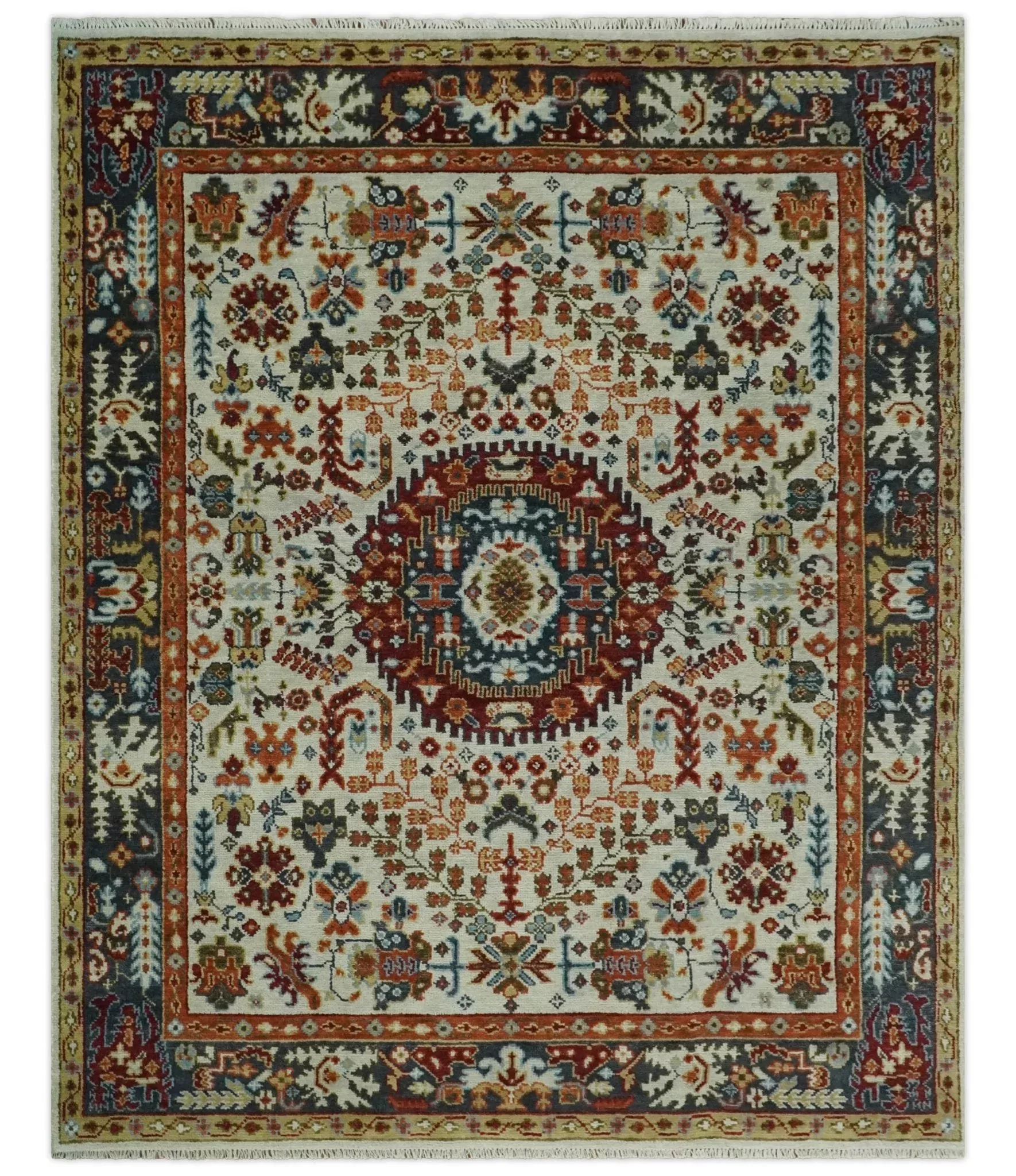 Tabriz Antique Hand Knotted Traditional Ivory and Rust Multi Size Wool Rug